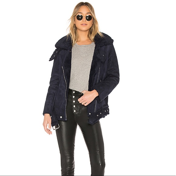 J.O.A. Navy Faux Shearling Biker Jacket Sz XS - Picture 4 of 7